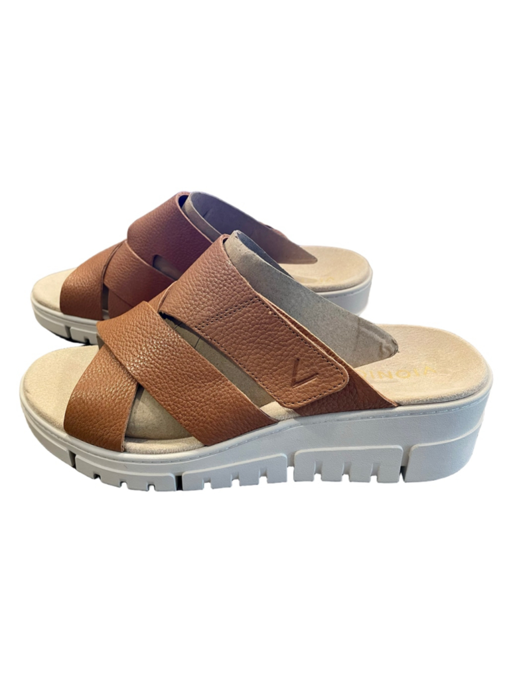 Vionic Uptown Sunset Sandals Womens 10 Wide Tan Leather Wedge Slides NIB